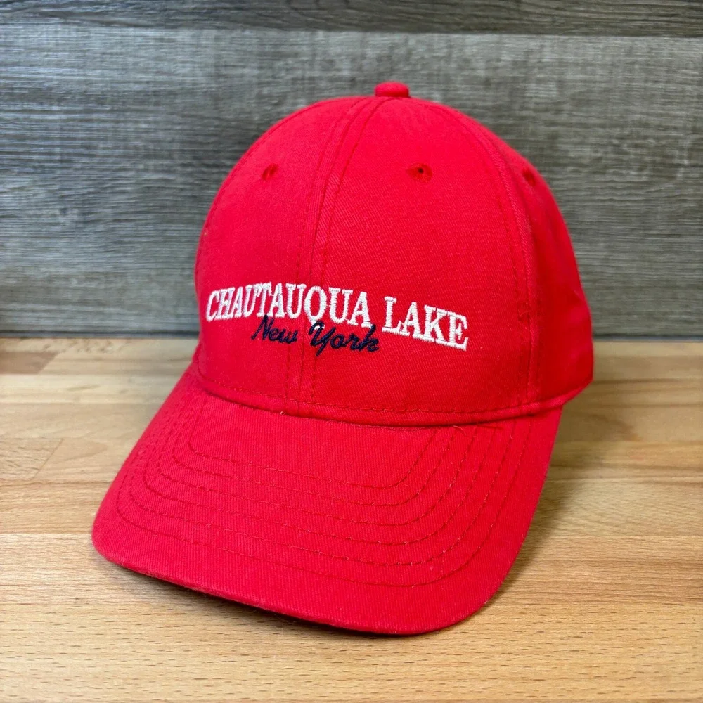 Chautauqua Lake Hat Cap Strap Back Red New York Baseball One Size‎ Adjustable